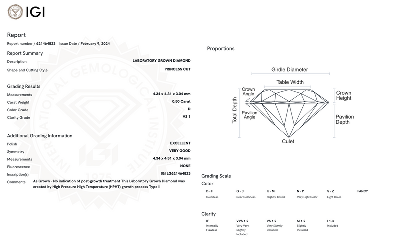 Diamante de Laboratorio Cultivado Corte Pincesa Ct 0.50 - D - VS1 - EX - Certificado IGI