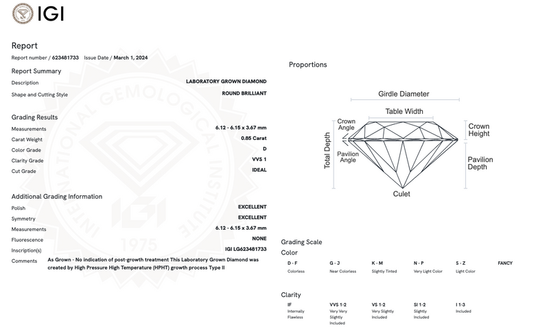 Diamante de Laboratorio Cultivado Corte Redondo 0.85qt - D - VVS1 - Certificado IGI
