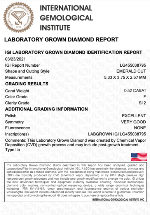 Diamante de Laboratorio Cultivado Corte Esmeralda 0.52qt - F - SI2 - Certificado IGI
