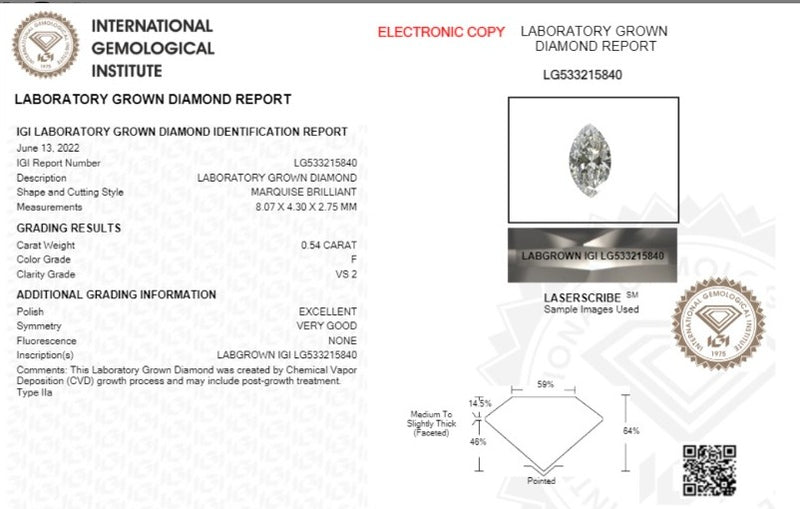 Diamante de Laboratorio Cultivado Corte Marquis 0.54qt - F - VS2 - Certificado IGI