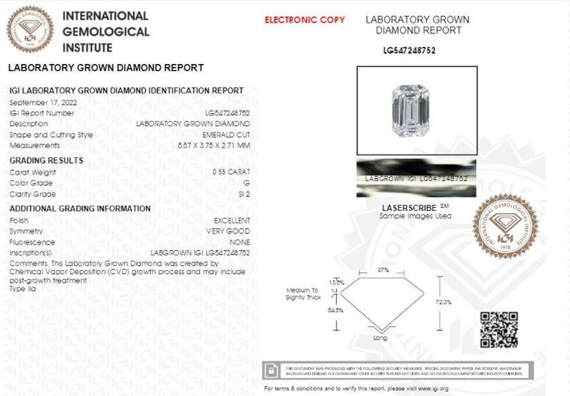 Diamante de Laboratorio Cultivado Corte Esmeralda 0.55qt - G - SI2 - Certificado IGI