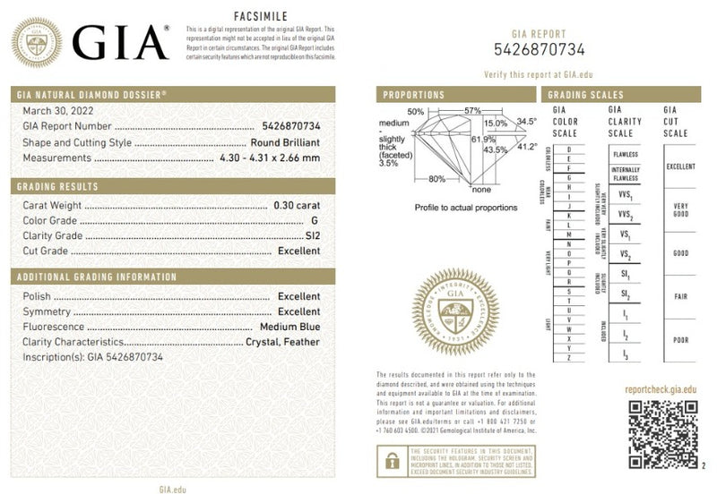 Diamante Natural Corte Redondo 0.30qt - G - SI2 - Certificado GIA
