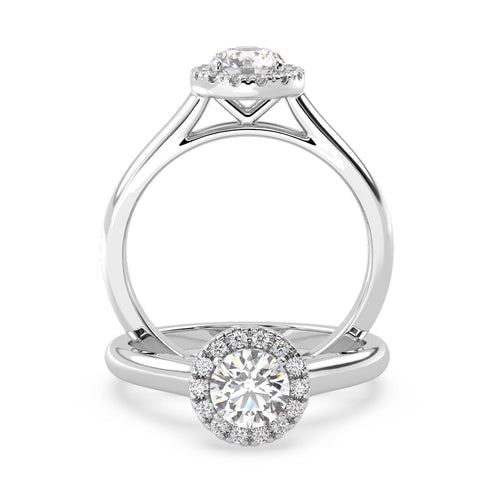 Anillo de Compromiso Halo &quot;Flare&quot; con Diamante de Laboratorio Corte Redondo de 0.50qt (D/E-VVS2/VVS1) en Oro de 14K