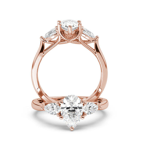 Montura Para Anillo de Compromiso Tres Piedras "Trinity Pera" en Oro Rosa de 14K