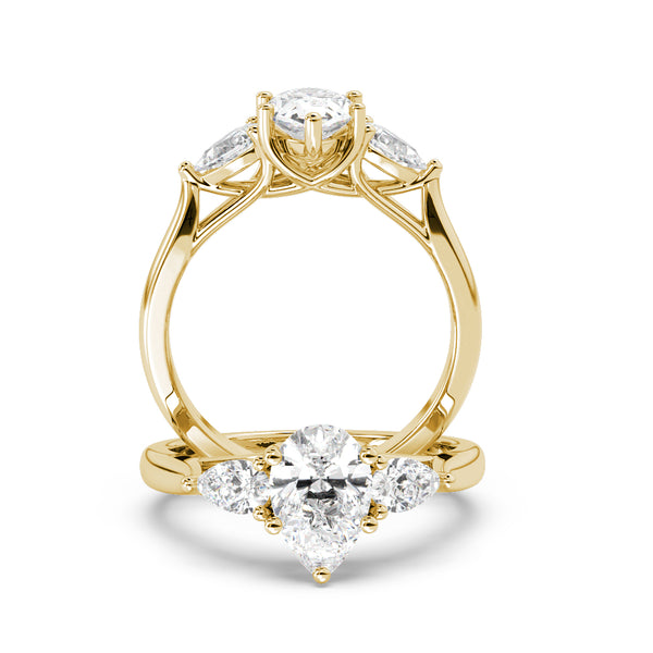 Montura Para Anillo de Compromiso Tres Piedras "Trinity Pera" en Oro Amarillo de 14K