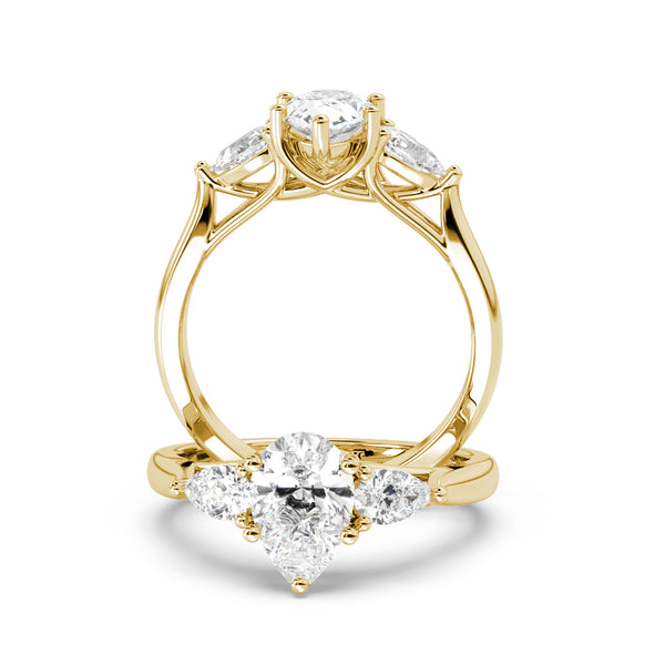 Montura Para Anillo de Compromiso Tres Piedras "Trinity Pera" en Oro Amarillo de 14K