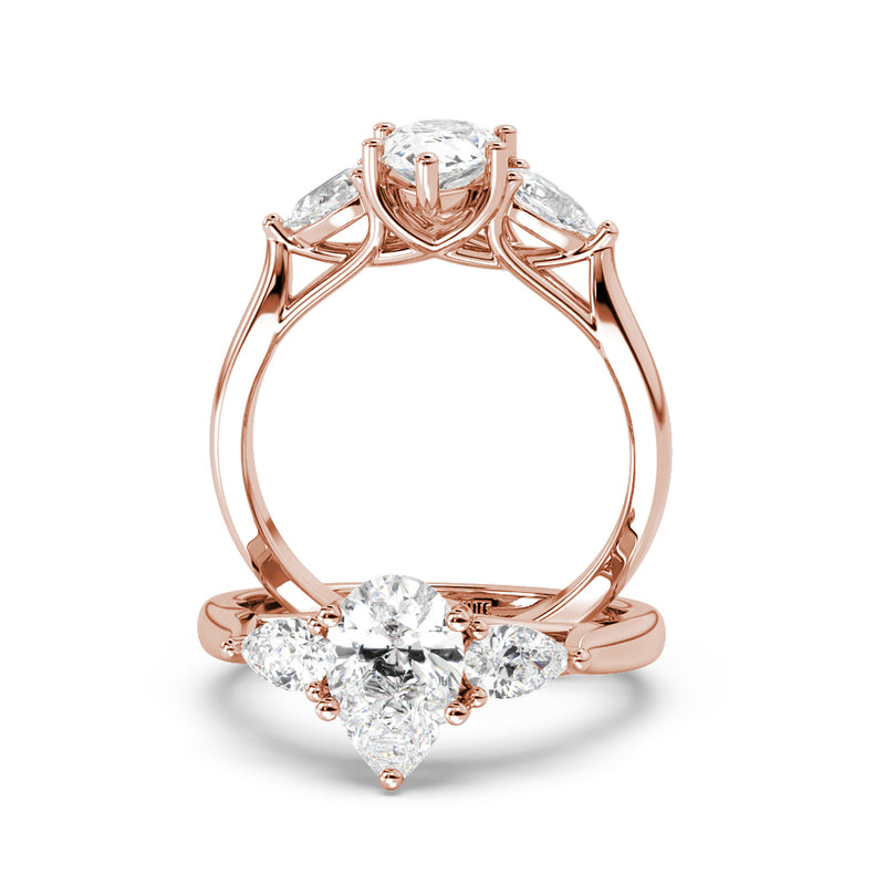 Montura Para Anillo de Compromiso Tres Piedras "Trinity Pera" en Oro Rosa de 18K