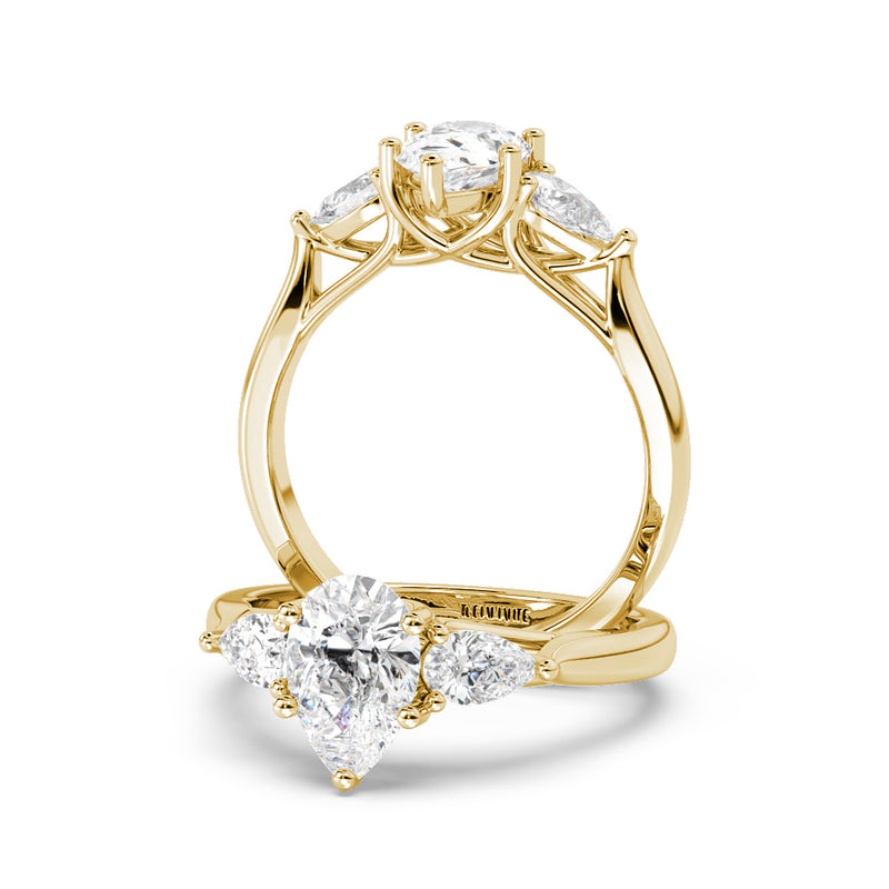 Montura Para Anillo de Compromiso Tres Piedras "Trinity Pera" en Oro Amarillo de 18K