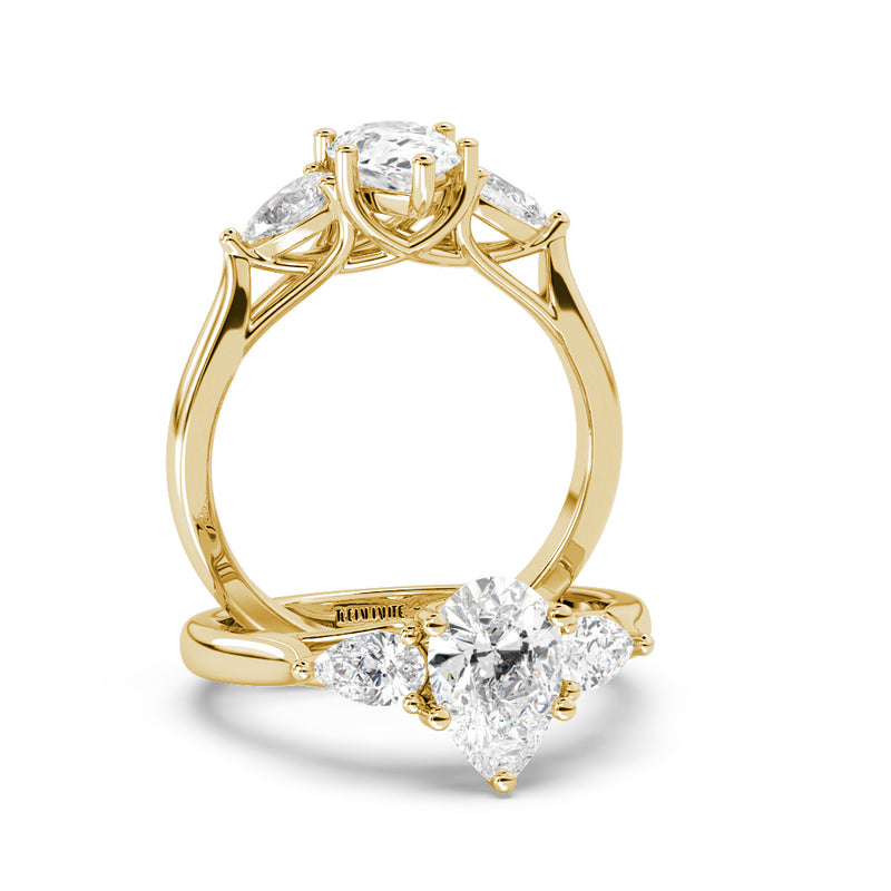 Montura Para Anillo de Compromiso Tres Piedras "Trinity Pera" en Oro Amarillo de 18K