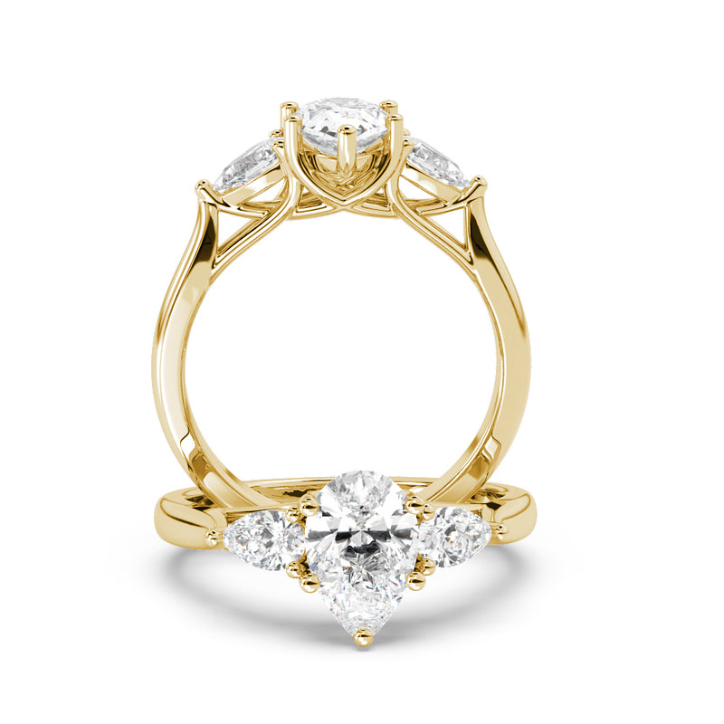 Montura Para Anillo de Compromiso Tres Piedras "Trinity Pera" en Oro Amarillo de 18K