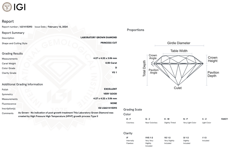 Diamante de Laboratorio Cultivado Corte Pincesa Ct 0.50 - D - VS1 - EX - Certificado IGI