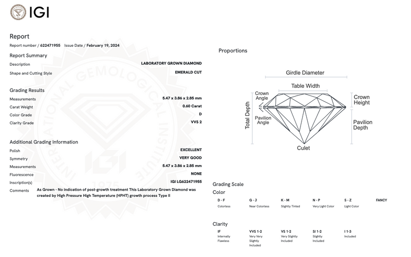 Diamante de Laboratorio Cultivado Corte Esmeralda 0.60qt - D - VVS2 - Certificado IGI