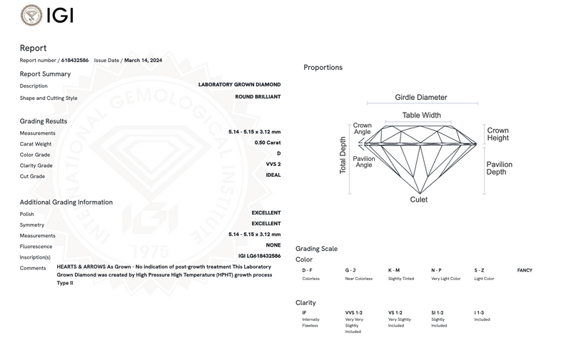 Diamante de Laboratorio Cultivado Corte Redondo 0.50qt - D - VVS2 - Certificado IGI