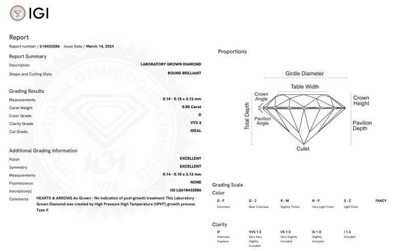 Diamante de Laboratorio Cultivado Corte Redondo 0.50qt - D - VVS2 - Certificado IGI