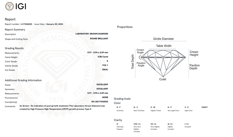 Diamante de Laboratorio Cultivado Corte Redondo Ct 0.80 - E - VVS1 - EX - Certificado IGI