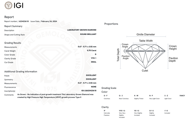 Diamante de Laboratorio Cultivado Corte Redondo 0.70qt - D - VVS1 - Certificado IGI