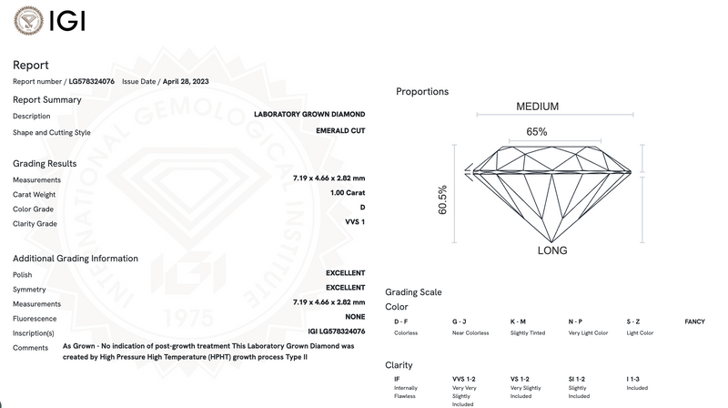 Diamante de Laboratorio Cultivado Corte Esmeralda 1.00qt - D - VVS1 - Certificado IGI