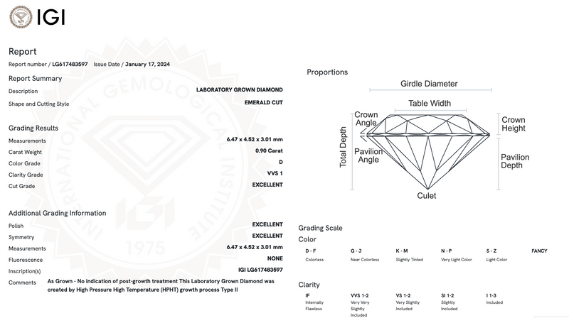 Diamante de Laboratorio Cultivado Corte Esmeralda 0.90qt - D - VVS1  - Certificado IGI