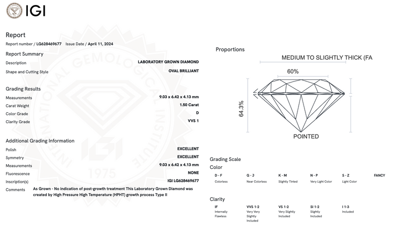 Diamante de Laboratorio Cultivado Corte Ovalado 1.50qt - D - VVS1 - Certificado IGI