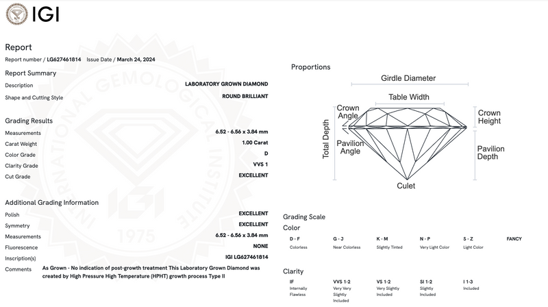 Diamante de Laboratorio Cultivado Corte Redondo 1.00qt - D - VVS1 - Certificado IGI