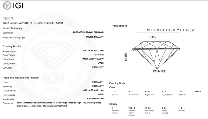 Diamante de Laboratorio Cultivado Corte Redondo 1.24qt - FANCY LIGHT YELLOW - VVS2 - Certificado IGI