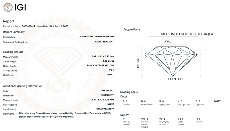 Diamante de Laboratorio Cultivado Corte Redondo 1.00qt - Fancy Intense Yellow - VS1 - Certificado IGI