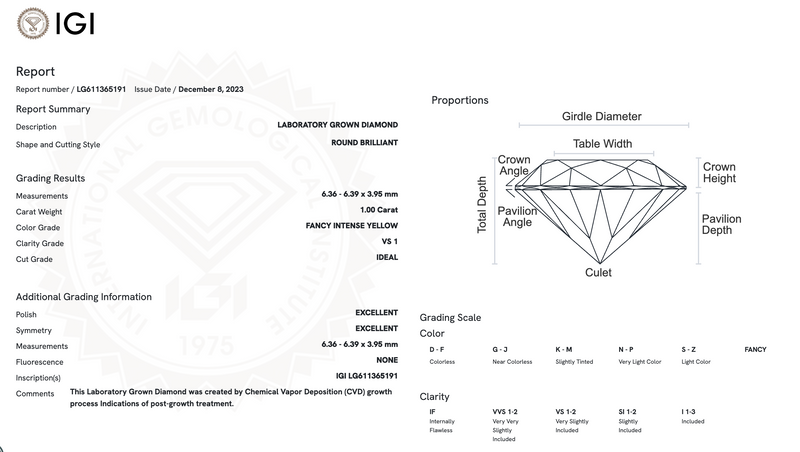 Diamante de Laboratorio Cultivado Corte Redondo 1.00qt - Fancy Intense Yellow - VS1 - Certificado IGI