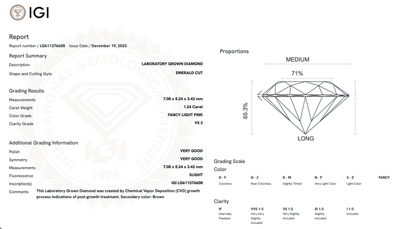 Diamante de Laboratorio Cultivado Corte Esmeralda 1.24qt - Fancy Light Pink - VS2  - Certificado IGI