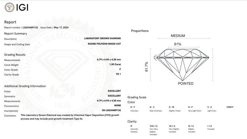 Diamante de Laboratorio Cultivado Corte Redondo Poligonal Mixto 1.35qt - F - VS1 - Certificado IGI