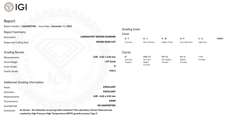 Diamante de Laboratorio Cultivado Rose Cut 1.07qt - D - VVS2 - Certificado IGI