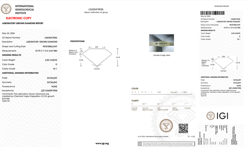 Diamante de Laboratorio Cultivado Corte Pera 2.00qt - D -VS 1- Certificado IGI
