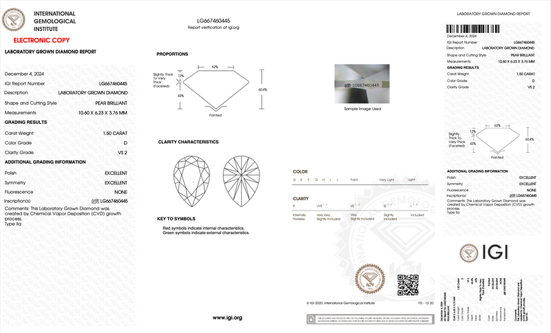 Diamante de Laboratorio Cultivado Corte Pera 1.50qt - D -VS 2- Certificado IGI