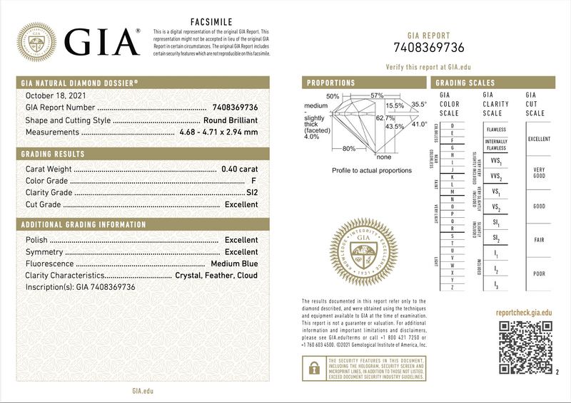 Diamante Natural Corte Redondo 0.40qt - F - SI2 - Certificado GIA