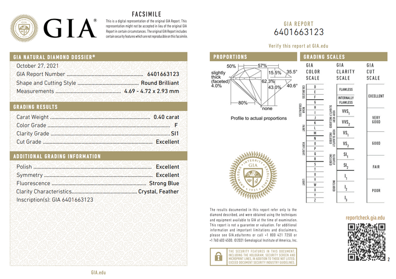 Diamante Natural Corte Redondo 0.40qt - F - SI1 - Certificado GIA