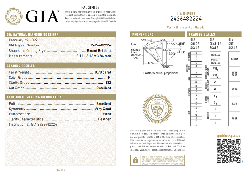 Diamante Natural Corte Redondo 0.90qt - F - SI2 -  Certificado GIA