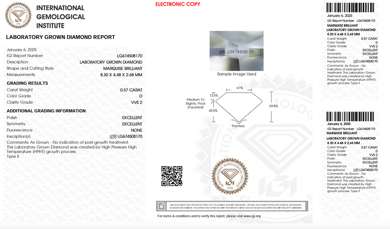 Diamante de Laboratorio Cultivado Corte Marquis 0.57 qt - D - VVS2 - Certificado IGI