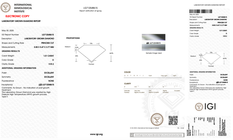 Diamante de Laboratorio Cultivado Corte Princesa 1.01qt - D - VVS2 - Certificado IGI