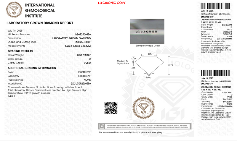 Diamante de Laboratorio Cultivado Corte Esmeralda 0.52qt - D - VVS2 - Certificado IGI
