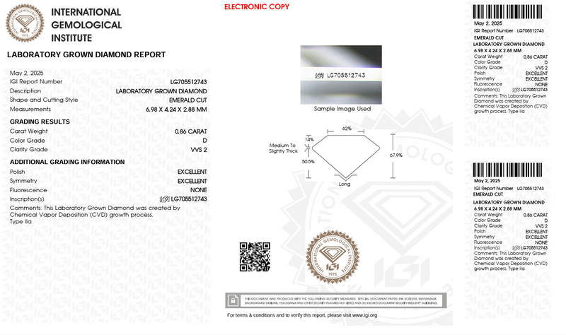 Diamante de Laboratorio Cultivado Corte Esmeralda 0.86qt - D - VVS2 - Certificado IGI