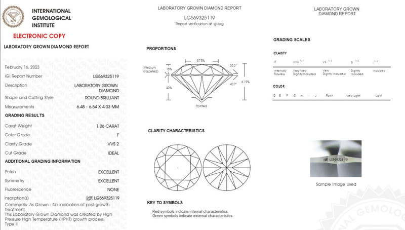 Diamante de Laboratorio Cultivado Corte Redondo 1.06qt - F - VVS2 - Certificado IGI