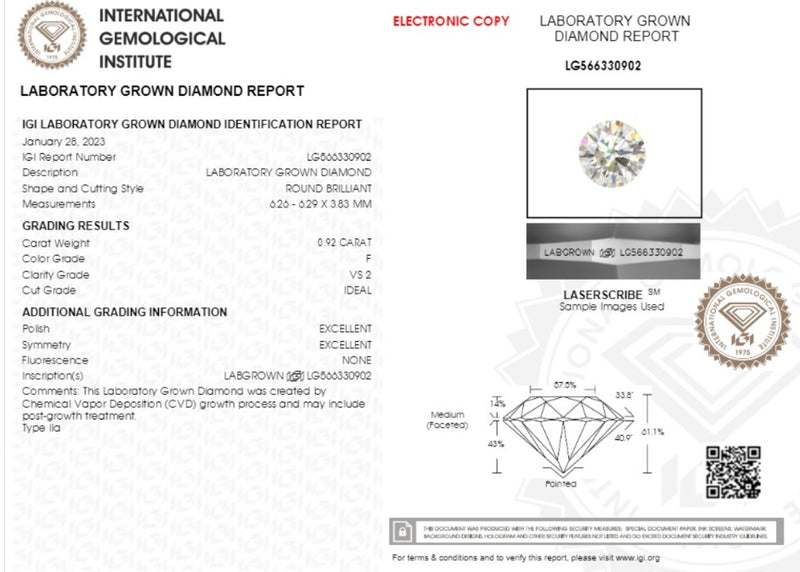 Diamante de Laboratorio Cultivado Corte Redondo 0.92qt - F - VS2- Certificado IGI