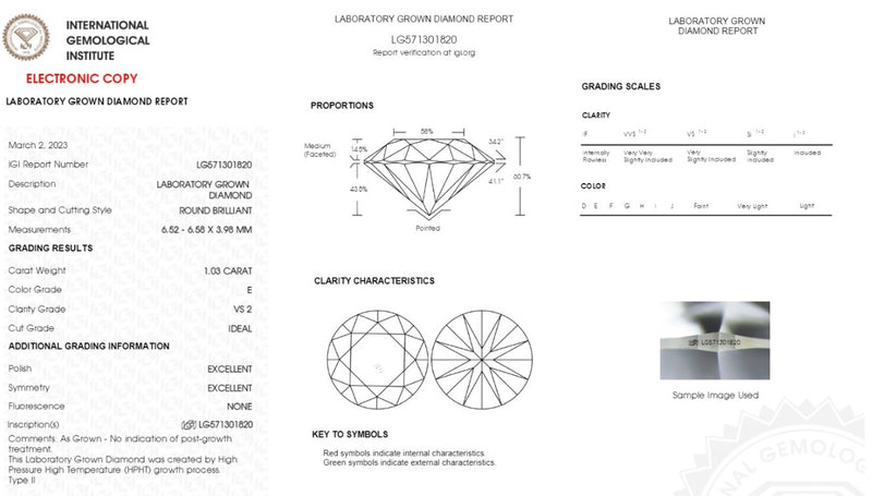 Diamante de Laboratorio Cultivado Corte Redondo 1.03qt - E - VS2 - Certificado IGI