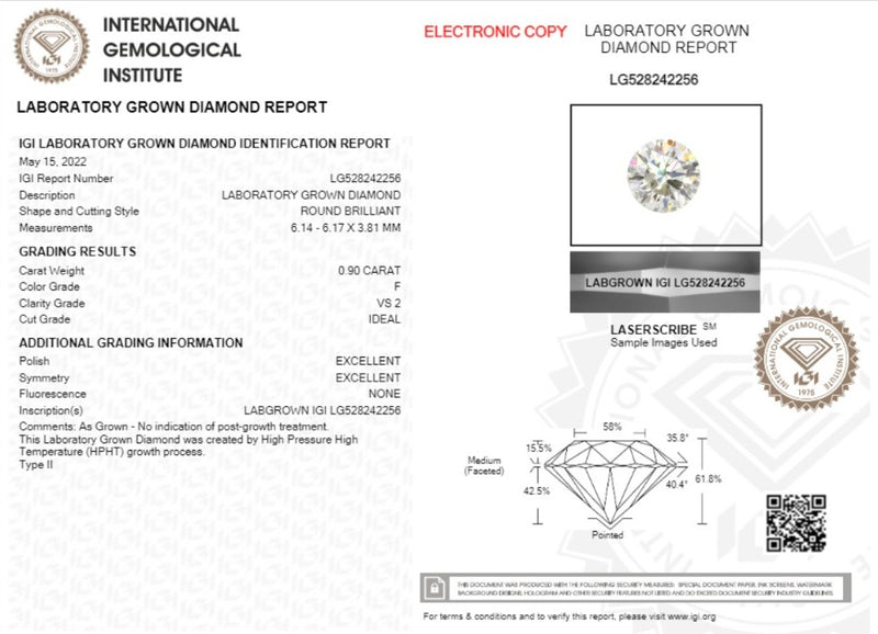 Diamante de Laboratorio Cultivado Corte Redondo 0.90qt - F - VS2 - Certificado IGI