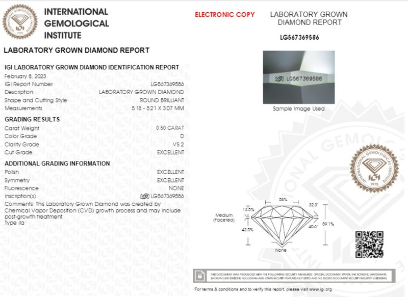 Diamante Cultivado de Laboratorio Corte Redondo 0.50qt - D - VS2 -Certificado IGI