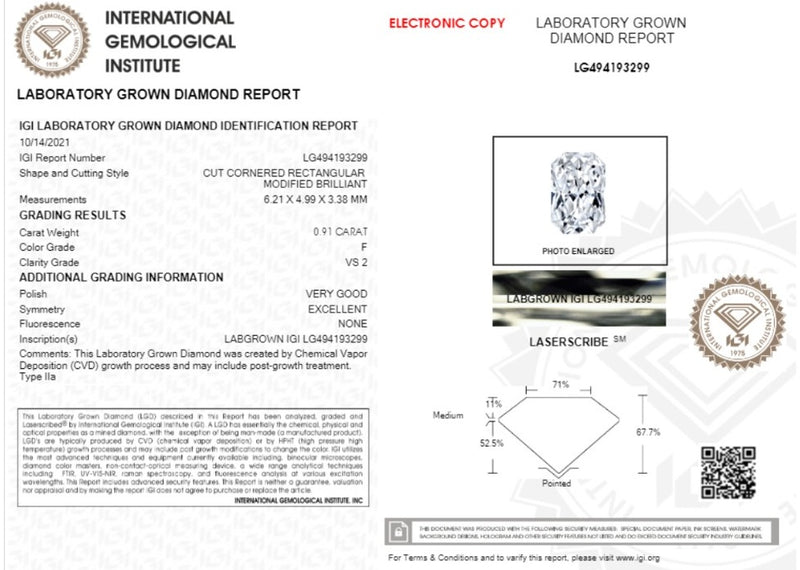 Diamante de Laboratorio Cultivado Corte Radiant 0.91qt - F - VS2 - Certificado IGI