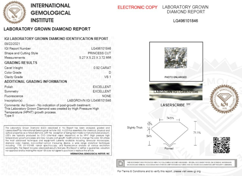 Diamante de Laboratorio Cultivado Corte Princesa 0.92qt - D - VS1 - Certificado IGI