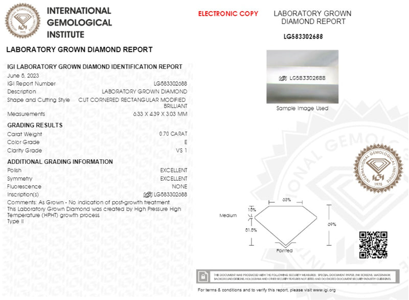 Diamante de Laboratorio Cultivado Corte Radiant 0.70qt - E - VS1 - Certificado IGI