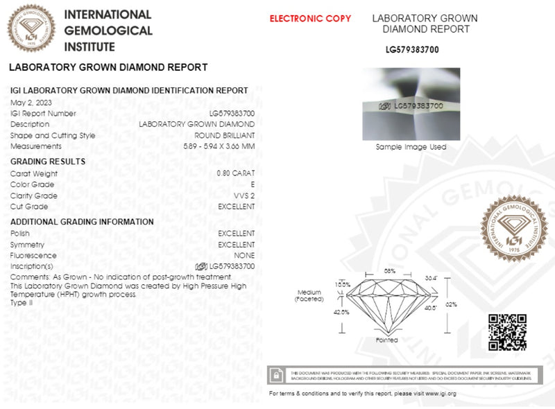 Diamante de Laboratorio Cultivado Corte Redondo 0.80qt - E - VVS2 - Certificado IGI