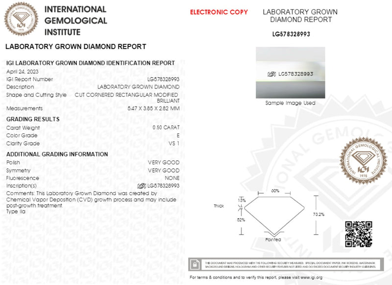 Diamante de Laboratorio Cultivado Corte Radiant 0.50qt - E - VS1 - Certificado IGI