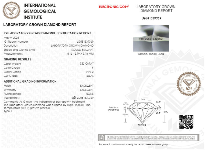 Diamante Eco-Friendly Cultivado Corte Redondo Ct 0.60 - E - VVS2 - VG - Certificado IGI